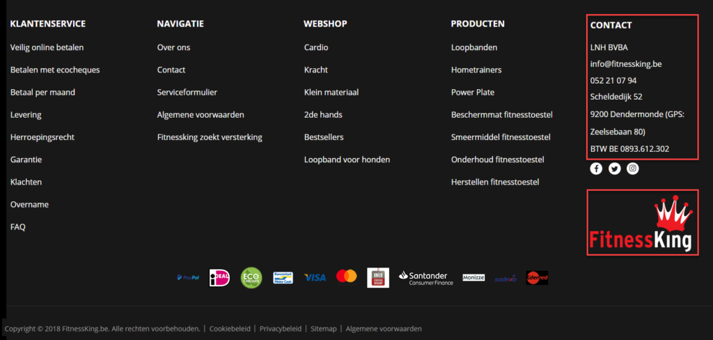 Webshop bedrijfsinformatie in footer