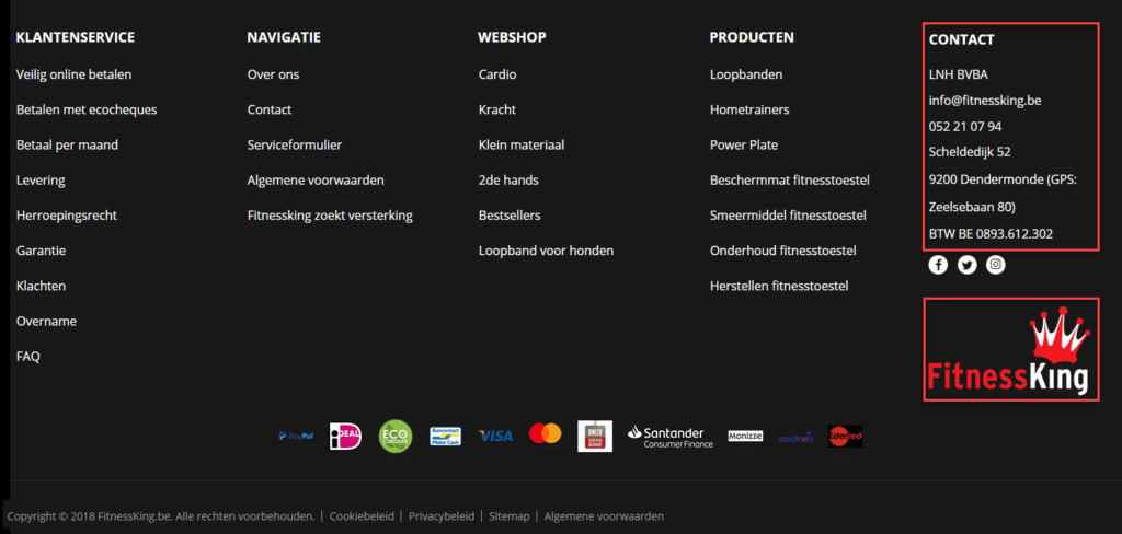 Bedrijfsinformatie in footer webshop