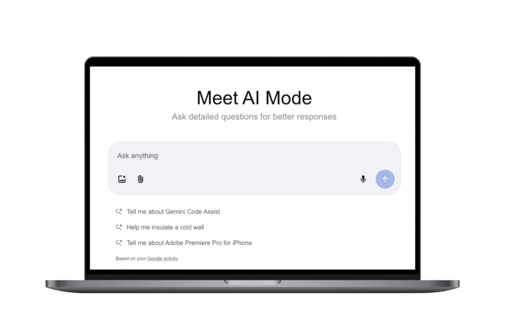 Schermvoorbeeld van Google AI Mode waarin gebruikers vragen kunnen stellen aan de AI-assistent