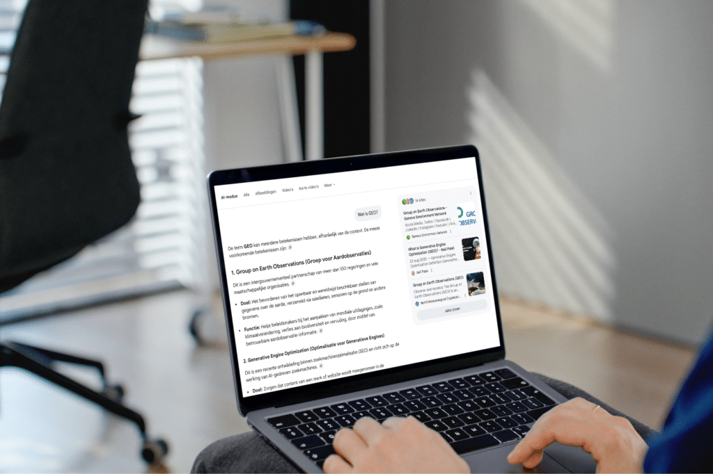 Schermvoorbeeld van Google AI Mode op een laptop, met een zoekopdracht over GEO in de nieuwe AI-interface van Google