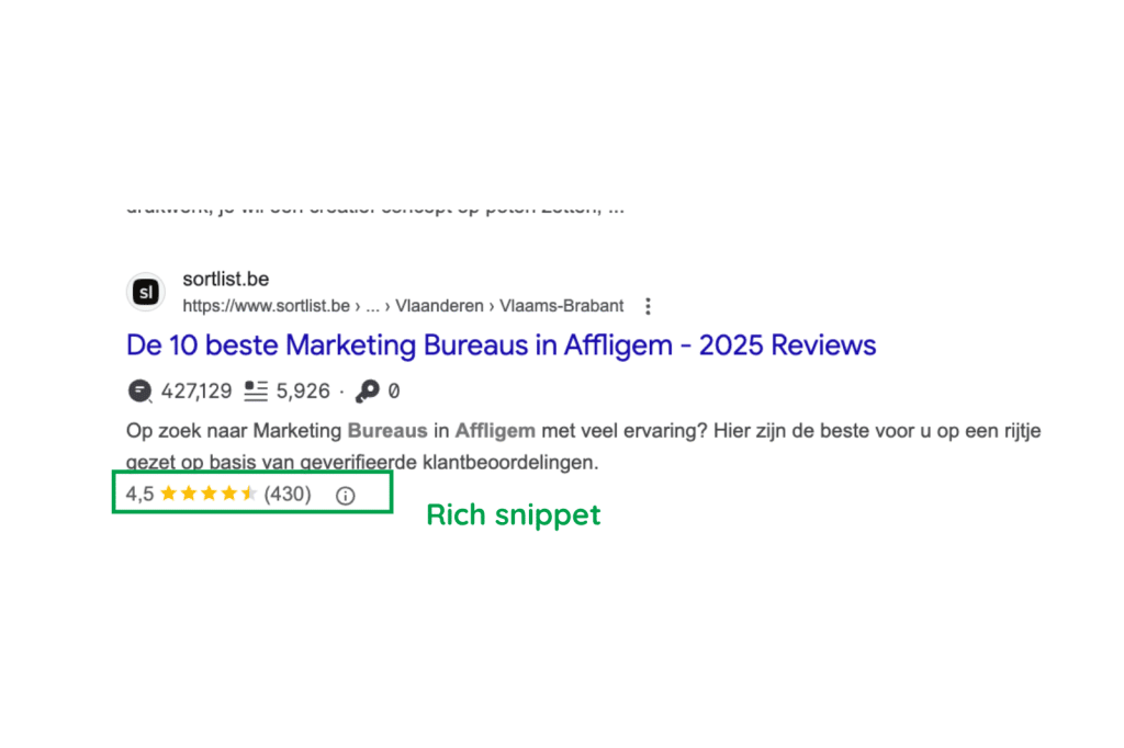 Google-zoekresultaat met een rich snippet waarin sterbeoordelingen en het aantal reviews direct onder de titel worden getoond