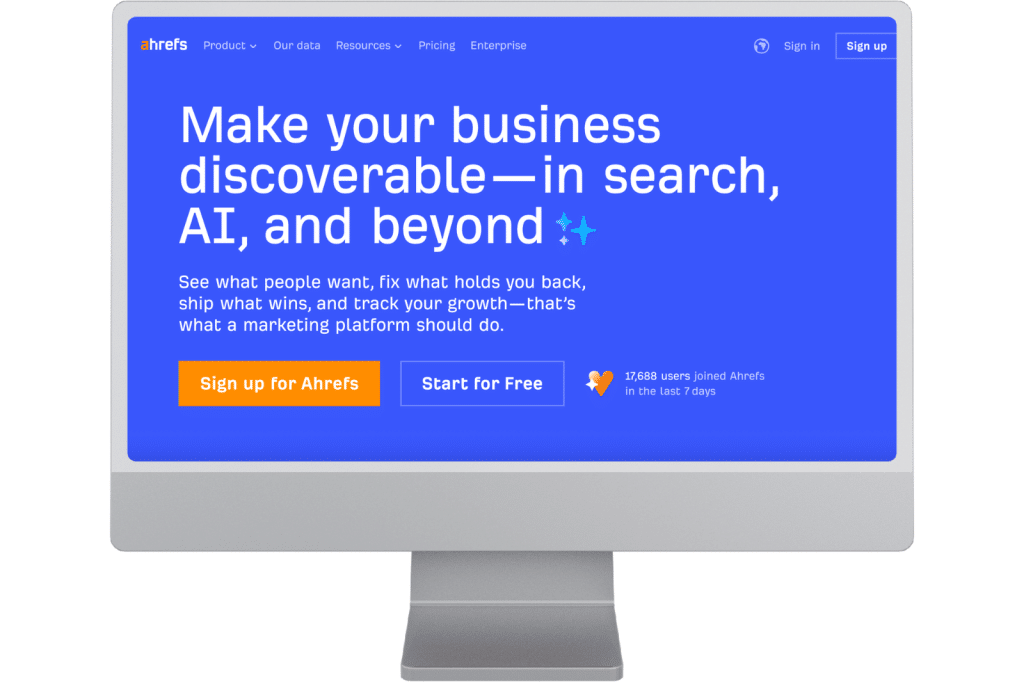 Screenshot van Ahrefs op een computerscherm, een SEO-tool voor zoekwoordenonderzoek, backlinkanalyse, concurrentie-inzichten en site-audits