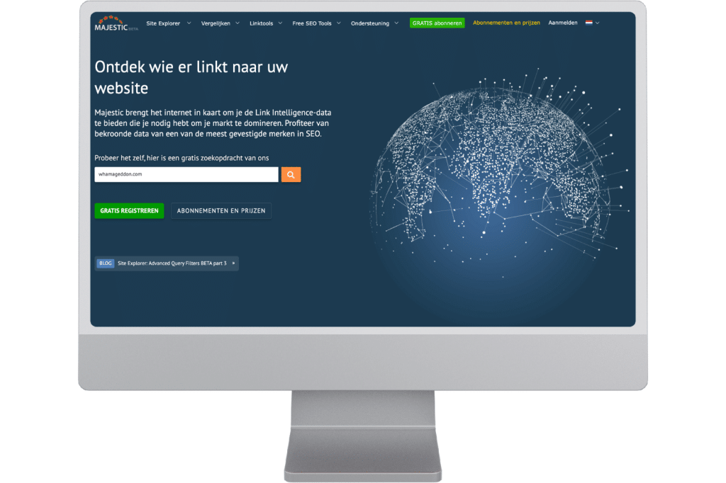 Screenshot van de Majestic-website met Site Explorer om te zien welke websites naar jouw site linken en je backlinkprofiel te analyseren