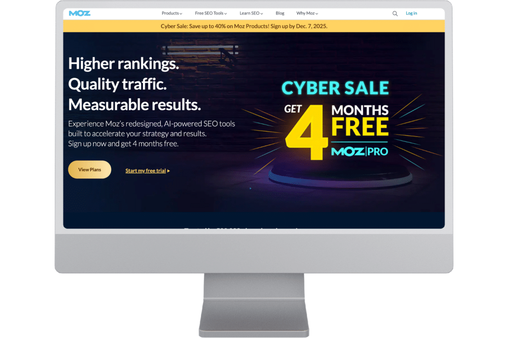 Screenshot van de Moz Pro-website met de boodschap “Higher rankings, Quality traffic, Measurable results”
