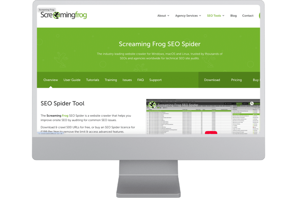 Screenshot van Screaming Frog SEO Spider op een computerscherm, een tool die je website crawlt om technische SEO-fouten en optimalisatiekansen te vinden