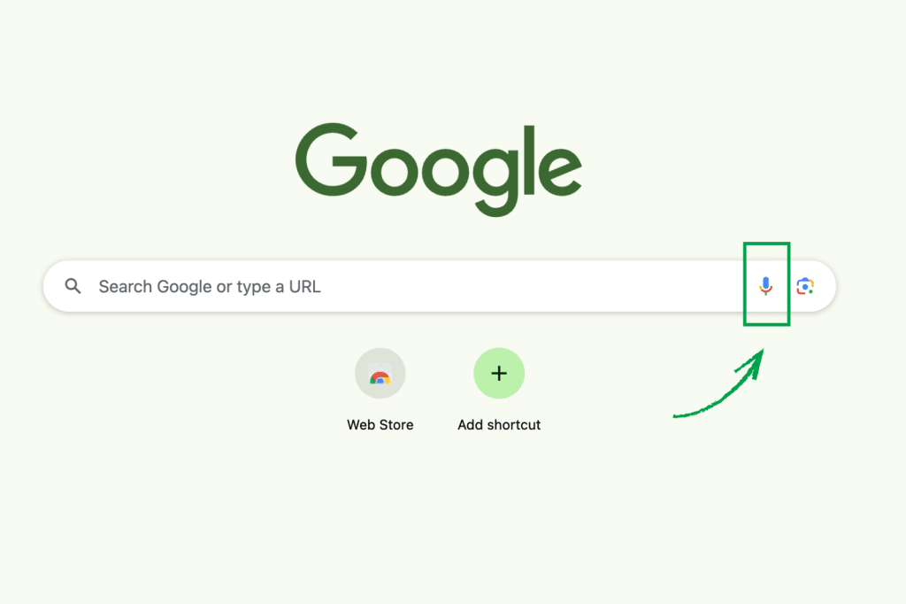 Google-zoekbalk met het microfoonicoon gemarkeerd om een zoekopdracht via spraak (voice search) te starten