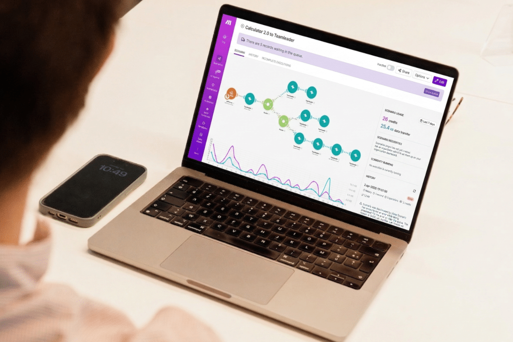 Make.com workflow op laptop met visuele automatisatie en datastromen
