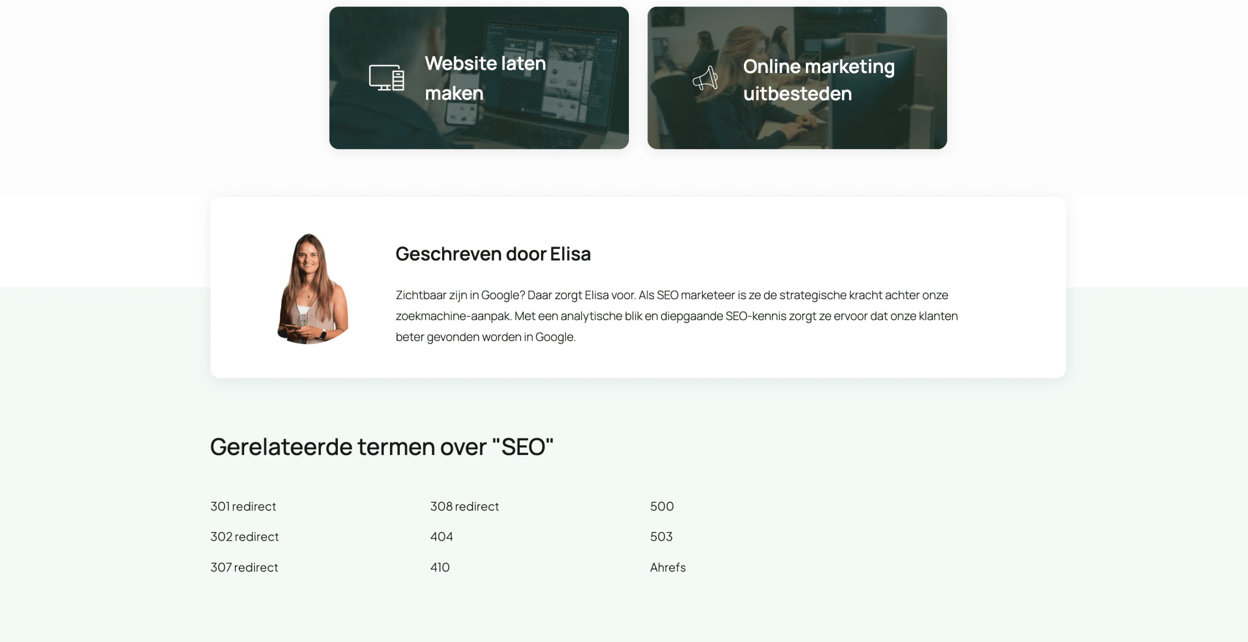 Auteurspagina van Elisa, SEO-marketeer bij Conversal, als voorbeeld van E-E-A-T met naam, foto en expertise-omschrijving.