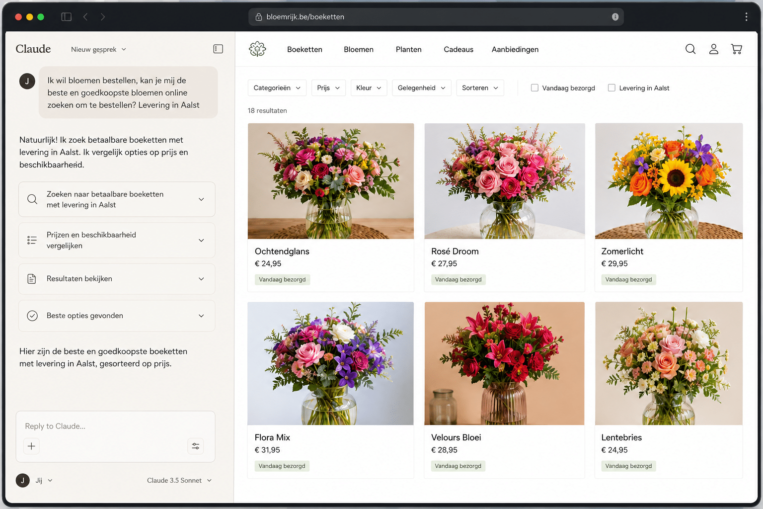 AI-agent in Claude zoekt en vergelijkt boeketten in een online bloemenwebshop en geeft een aankoopadvies op basis van prijs en levering.