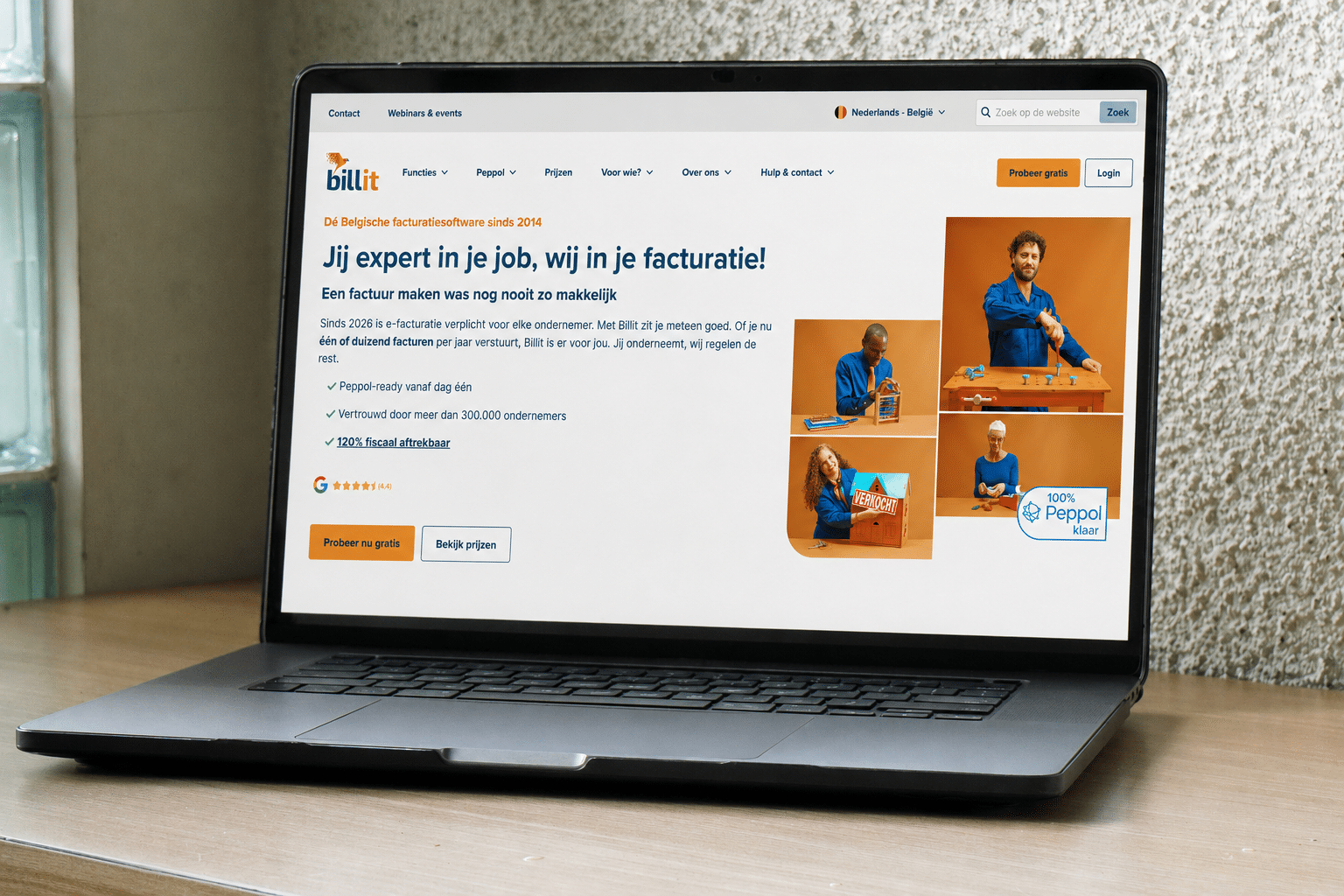 De homepage van Billit, het Belgische facturatieplatform, weergegeven op een laptop