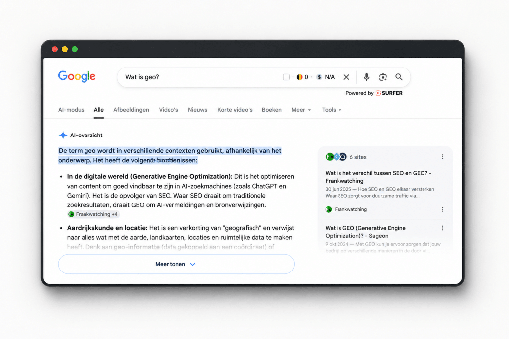 Google AI-overzicht toont de betekenis van GEO (Generative Engine Optimization) bij de zoekopdracht "wat is geo".