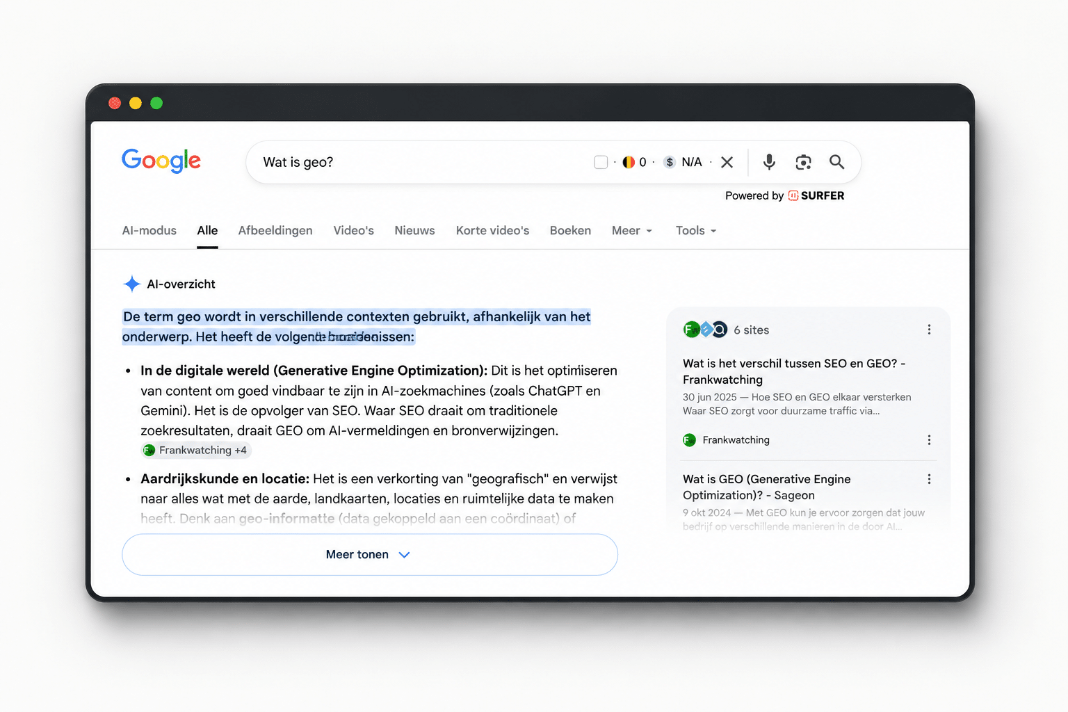 Google AI-overzicht toont de betekenis van GEO (Generative Engine Optimization) bij de zoekopdracht "wat is geo".