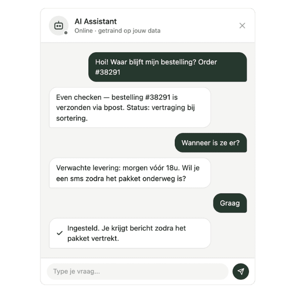 AI-chatbot zoekt automatisch de orderstatus op van een bestelling en stelt een sms-melding in voor de klant.
