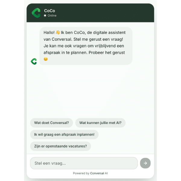 AI-chatbot op een website verwelkomt bezoekers met suggestievragen en de optie om een afspraak in te plannen.