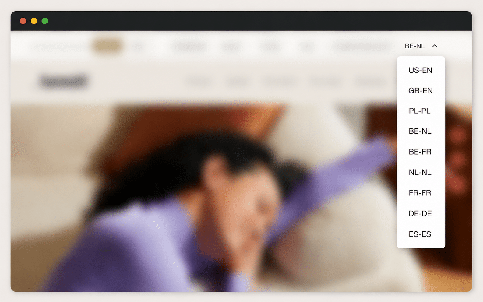 Taalmenu van een website toont land- en taalversies zoals BE-NL, BE-FR en GB-EN.