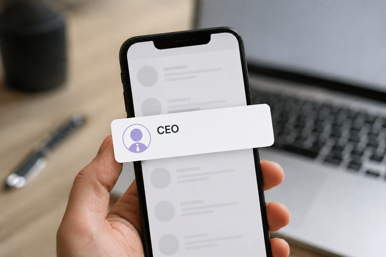 Hand met smartphone die een dringende melding van de "CEO" toont, als voorbeeld van deepfake-CEO-fraude bij KMO's.