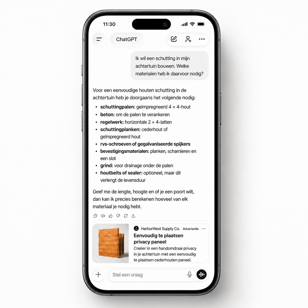 Voorbeeld van een ChatGPT-advertentie die als apart, gelabeld blok onder het antwoord verschijnt op mobiel