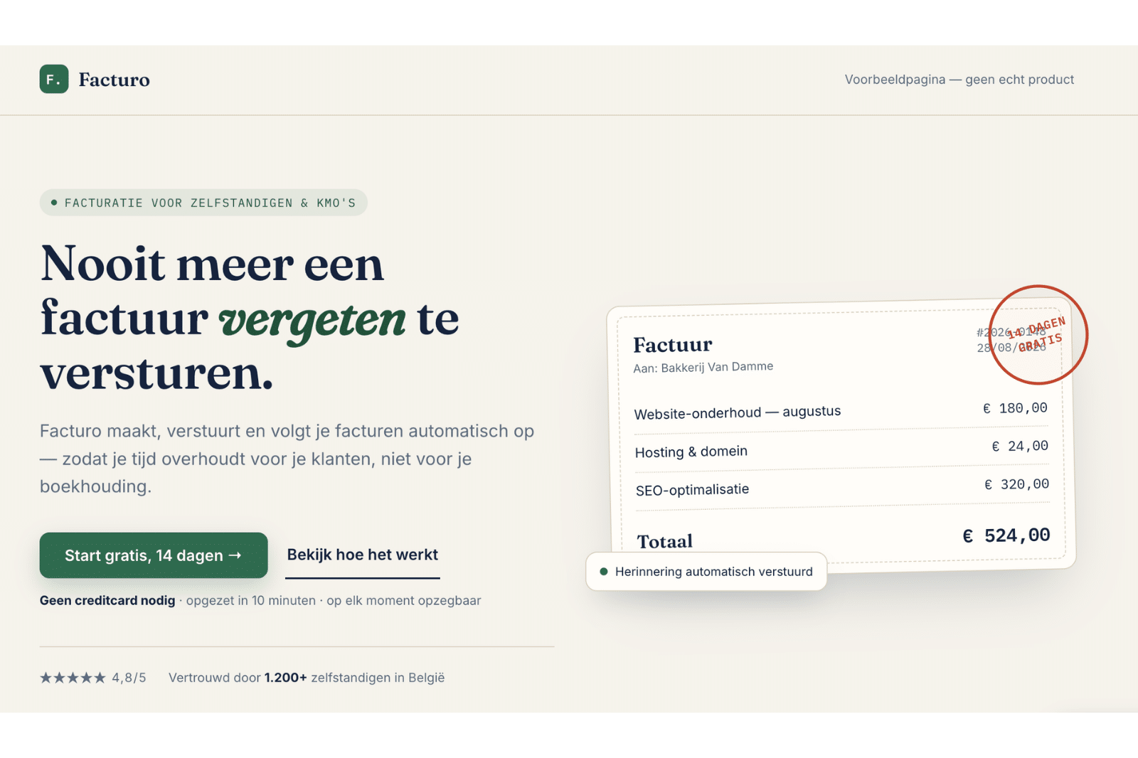 Hero-sectie van de Facturo-landingspagina met resultaatgerichte kop, CTA-knop en een factuurvisual met "14 dagen gratis"-stempel.