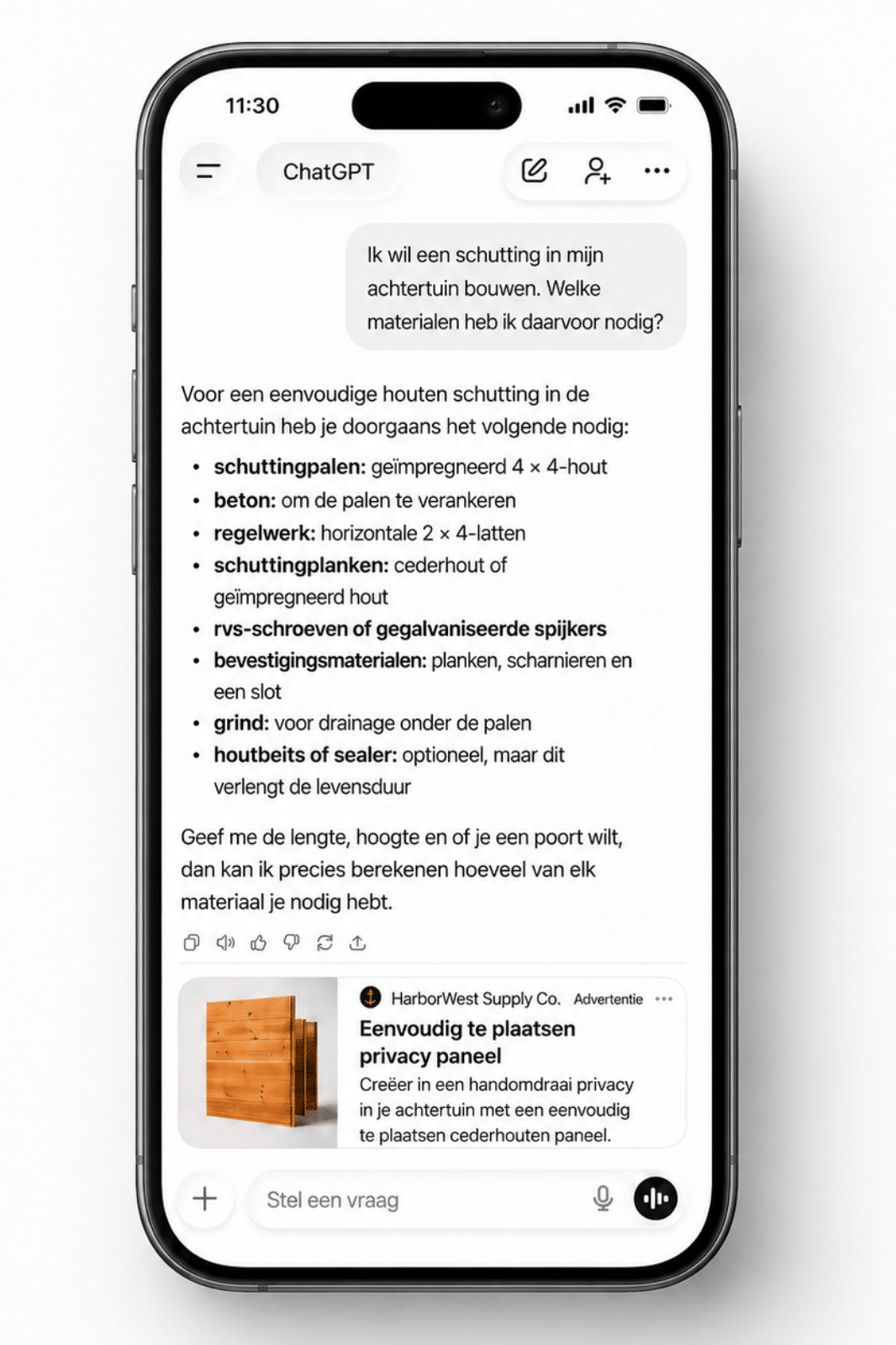 Voorbeeld van een ChatGPT-advertentie die als apart, gelabeld blok onder het antwoord verschijnt op mobiel