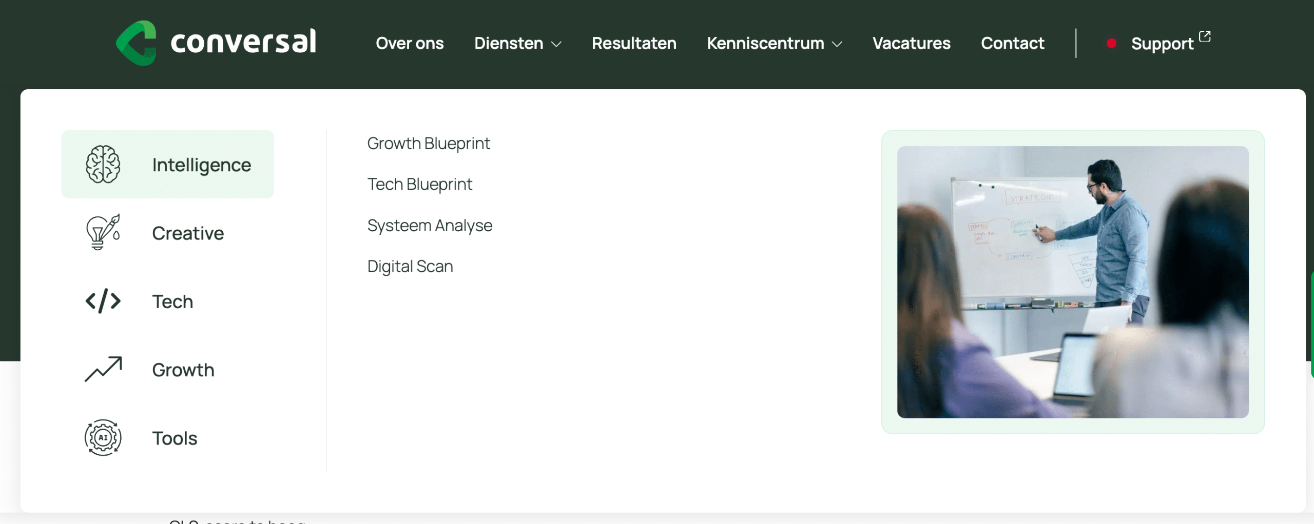 Uitklapmenu van de website van Conversal met duidelijk gecategoriseerde diensten, als voorbeeld van een overzichtelijke navigatiestructuur.