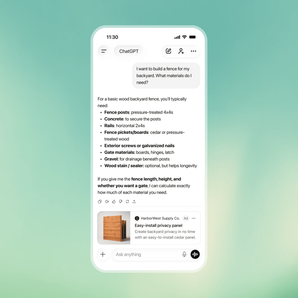 Voorbeeld van een ChatGPT Ad als gesponsorde kaart onder een chatantwoord