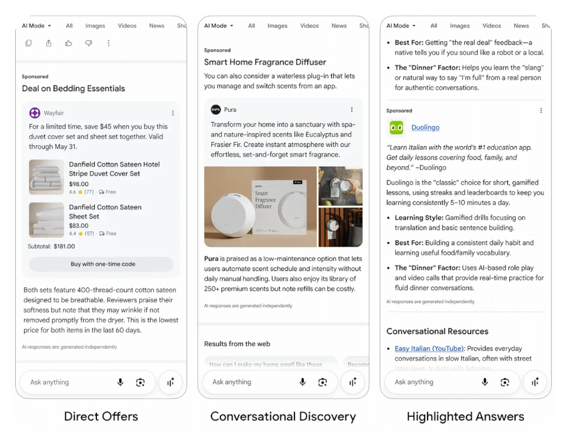 Drie voorbeelden van gesponsorde advertenties in Google AI Mode op mobiel: Direct Offers, Conversational Discovery en Highlighted Answers.
